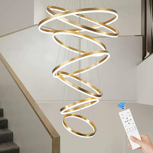 7-Rings D31.5’’ Modern LED Chandelier Gold Dimmable High Ceiling Chandeliers Foyer with Remote Control for Staircase Entryway Dining Room Living Room, 3000K-6500K