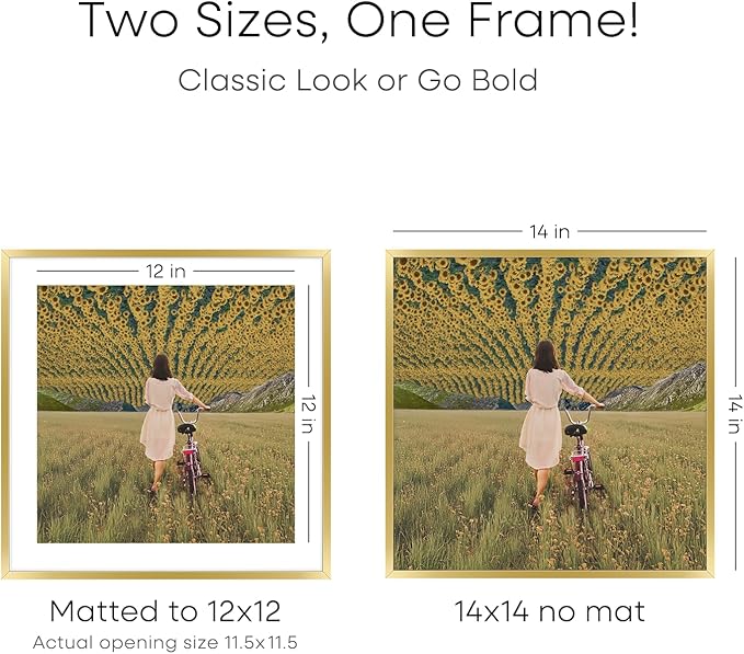 Homeforia 14x14 Picture Frame Gold, High End Metal 14 x 14 Square Poster Frame with Mat 12 x 12 Photo, 14x14 Frame Matted to 12x12 Print, 14by14 Gold Hanging Frames, Tempered Glass, Wall Kit, Set of 2