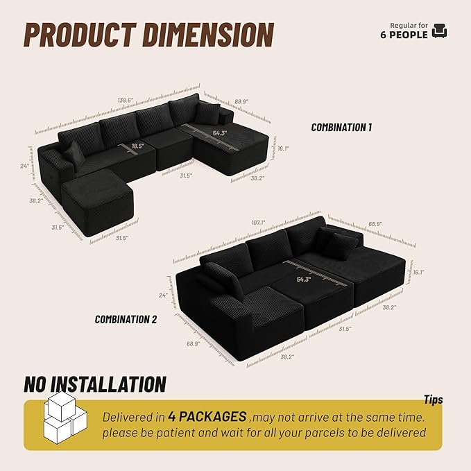 138" Boneless Couch with Deep Seat, Modular Sectional Sofa, Cloud Sectional Couch for Living Room, No Assembly Required, Corduroy, U-Shape 4 Seater Right, Black