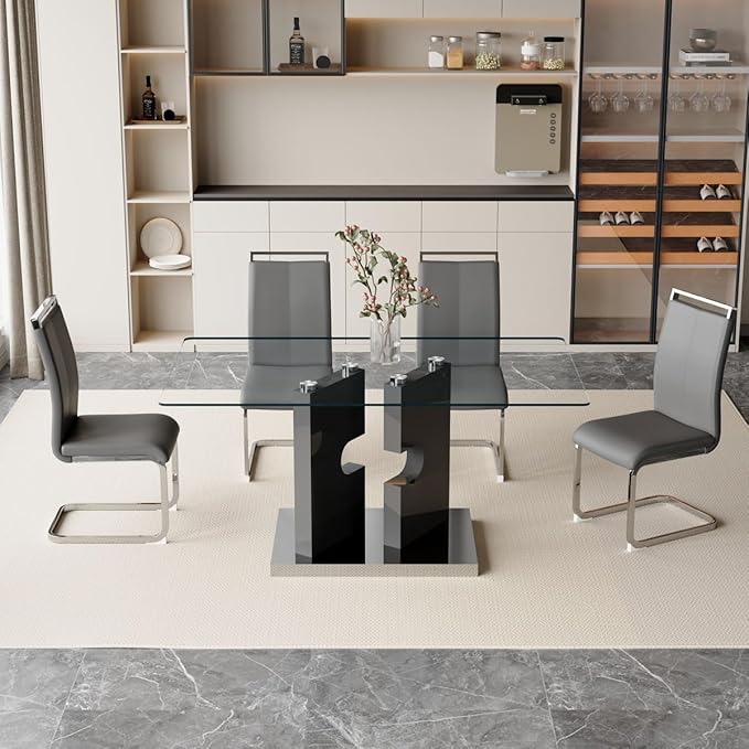 Glass Dining Table Set, 5 Piece Set with Tempered Glass Top and Modern MDF Base, Includes 4 PU Leather Ergonomic Chairs