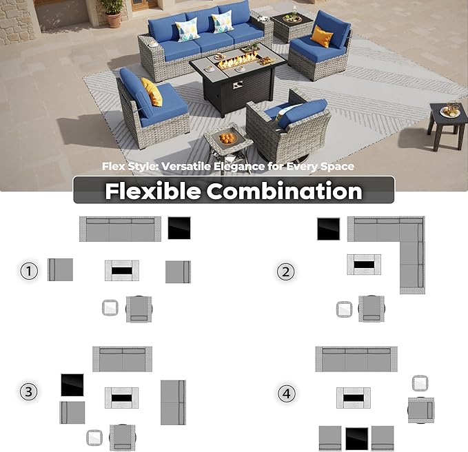ovios 9 Pieces Patio Furniture Set, Outdoor Wicker Sectional Sofa with 42" Firepit Table Swivel Chair, Modern Modular Deep Seat Rattan Couch Conversation Sets, Navy Blue
