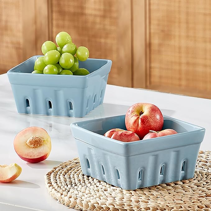 ONEMORE Berry Basket Ceramic Berry Bowls with Holes Square Fruit Bowl Berry Colander Containers for Fridge - 5.8" Fruit Basket for Kitchen Décor, Set of 2, Blue