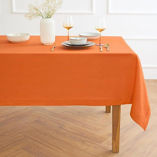 Solino Home Linen Tablecloth for Rectangle Tables 60 x 90 Inch - 100% Pure Linen Persimmon Orange Table Cloth - Fete, Machine Washable Cloth Tablecloth for Fall, Autumn, Halloween, Thanksgiving