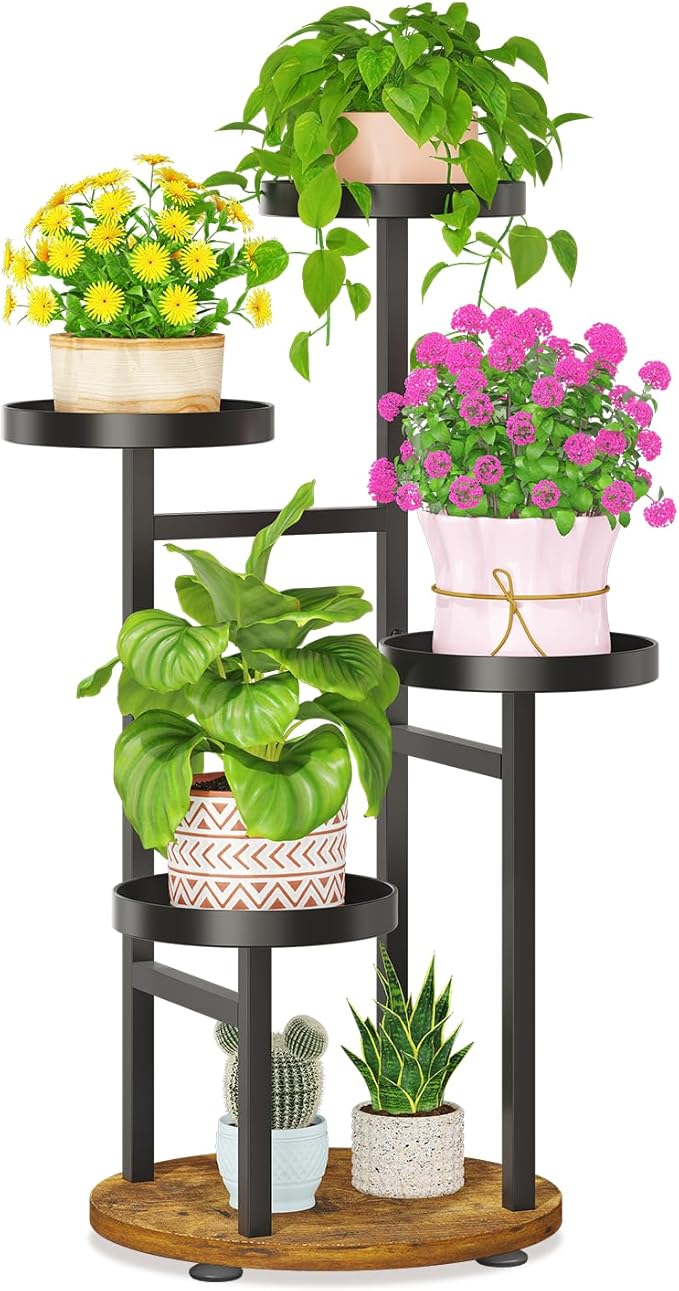LASZOLA Black 4 Tier Tall Metal Plant Stand Indoor for Large Planter, Heavy Duty Wrought Iron Vertical Big Flower Rack, Sturdy Spiral Multiple High Organizer for Modern Patio House Bathroom Corner