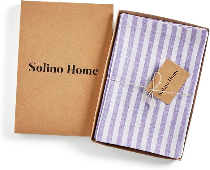 Solino Home Linen Cloth Napkins Set of 4-100% Pure Linen Violet and White Striped Dinner Napkins 20 x 20 Inch - Amalfi Stripe, Handcrafted and Machine Washable