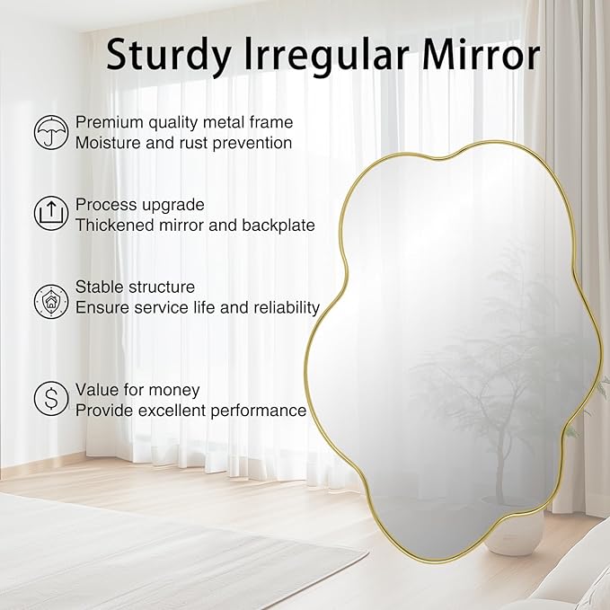 Gold Irregular Mirror, 43.7"x29.5" Asymmetrical Wall Mirror, Scalloped Decorative Mirrors, Modern Wavy Shaped Mirrors for Living Room Bathroom Bedroom Hallway Entryway Fireplace