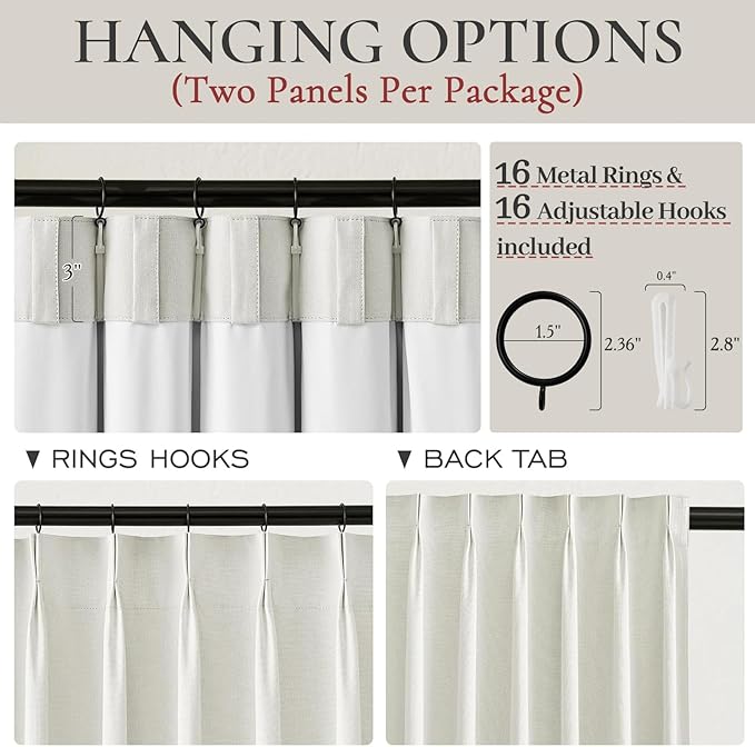 Tall Curtains for Living Room 108 Inches Long, Linen Pinch Pleated 100% Blackout Viral Window Curtains with Hooks for Bedroom Thermal Pleated Drapes for Nursery Beige White(40" Wx108 Lx2 Panels)