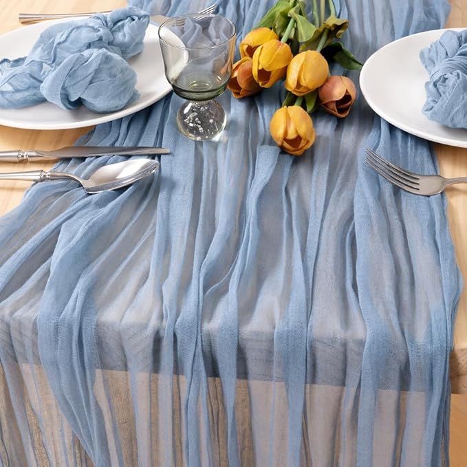 MLMC Dusty Blue Table Runner 10ft Boho Gauze Blue Cheesecloth Table Runner Rustic Fall Cheese Cloth Centerpiece 35x120 Inches for Wedding Bridal Shower Baby Shower Party Decor
