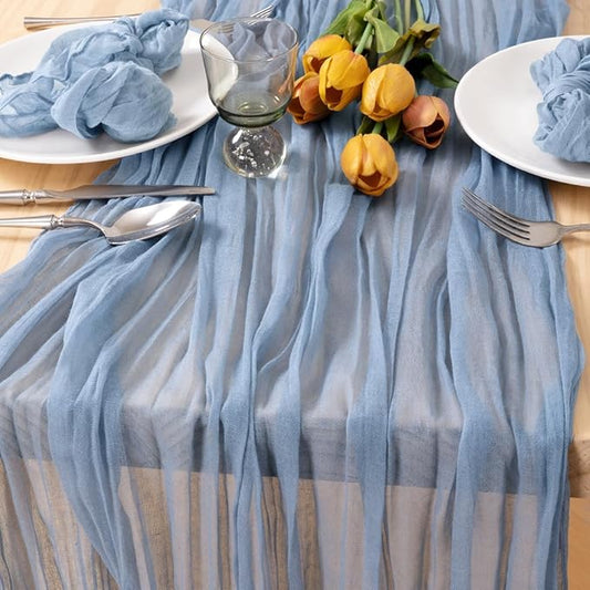 MLMC Dusty Blue Table Runner 10ft Boho Gauze Blue Cheesecloth Table Runner Rustic Fall Cheese Cloth Centerpiece 35x120 Inches for Wedding Bridal Shower Baby Shower Party Decor