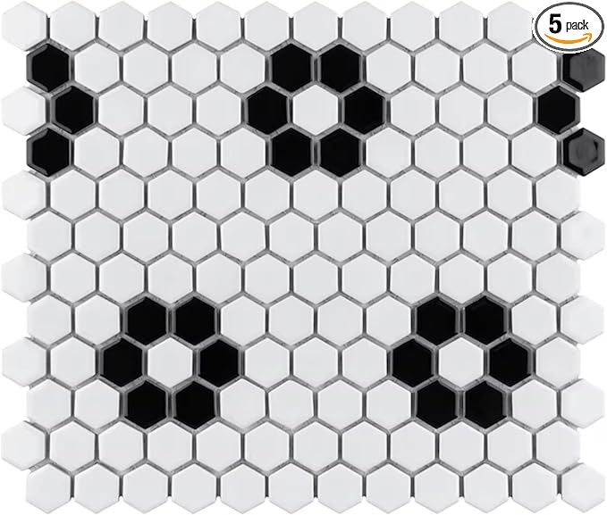 Tenedos Hexagon Glossy White Flower Porcelain Mosaic Tile – Kitchen Backsplash, Bathroom Wall & Shower Floor Tile (5 Sheets)