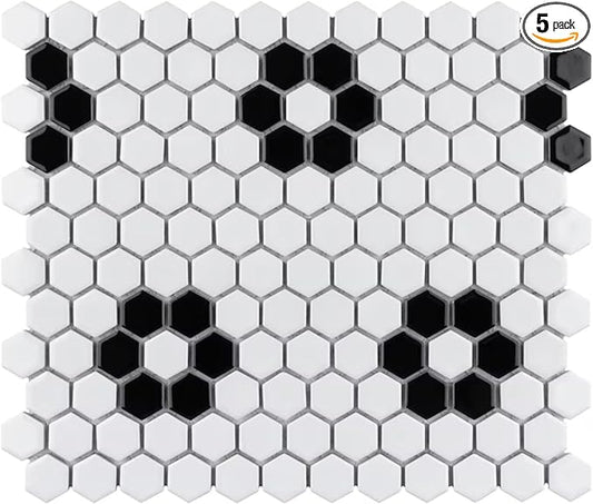 Tenedos Hexagon Glossy White Flower Porcelain Mosaic Tile – Kitchen Backsplash, Bathroom Wall & Shower Floor Tile (5 Sheets)