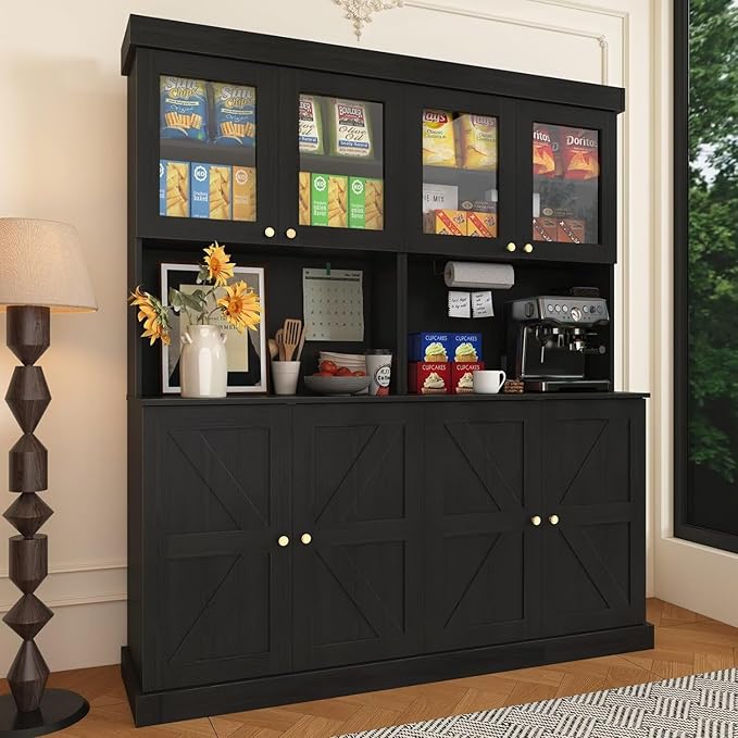 71" Farmhouse Kitchen Pantry Cabinet Set of 2, Black Freestanding Coffee Bar with Glass Doors, Microwave Stand, Large Storage Hutch with Adjustable Shelves for Kitchen or Living Room