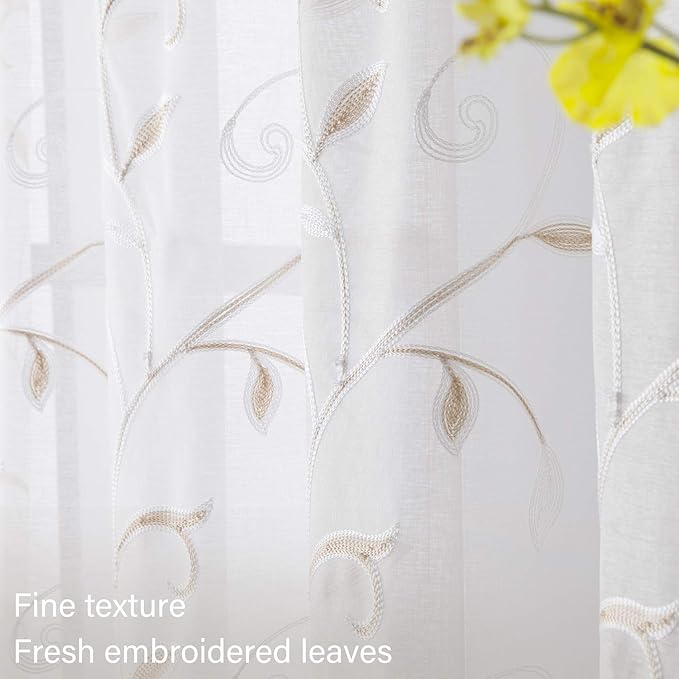 VISIONTEX White Sheer Voile Curtains, Decorative Beige Leaves Embroidery Faux Linen Rod Pocket Window Drapes for Home Kitchen, Living Room and Bedroom 54 x 63 Inch, Set of 2 Curtain Panels