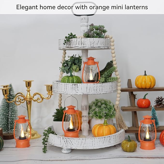 12-Pcs Orange Mini Lanterns Decorative for Halloween Thanksgiving, Fall Centerpiece for Table, Small Western Lantern with Flicker LED Candle for Cowboy Camping Christmas Wedding Decorations