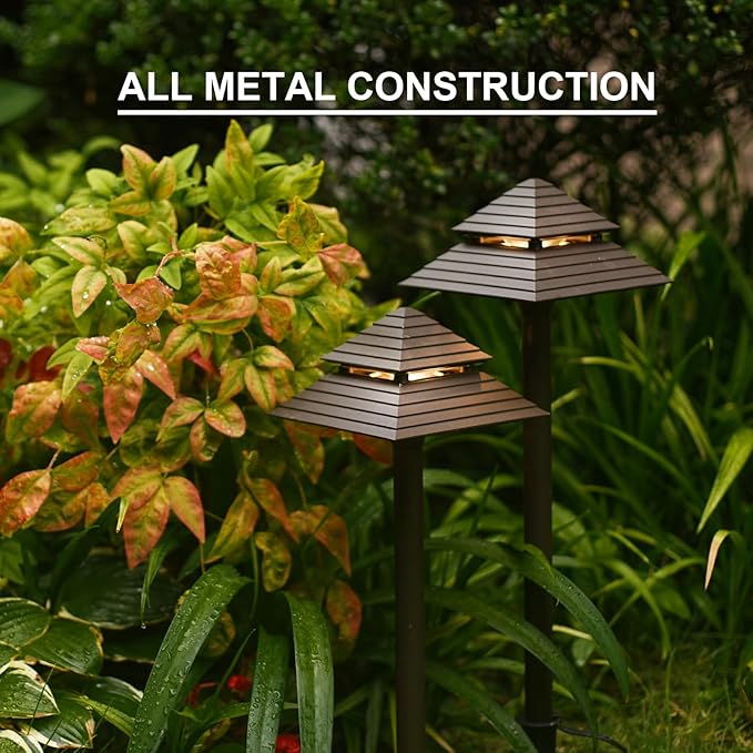 GOODSMANN Landscape Lighting 2PK Low Voltage Landscape 2-Tier Pagoda Path Lights 3W 180 Lumen LED 12V AC Weatherproof for Outdoor Die-Cast Body and Metal Spike with Bronze Finish 9121-21505-02A