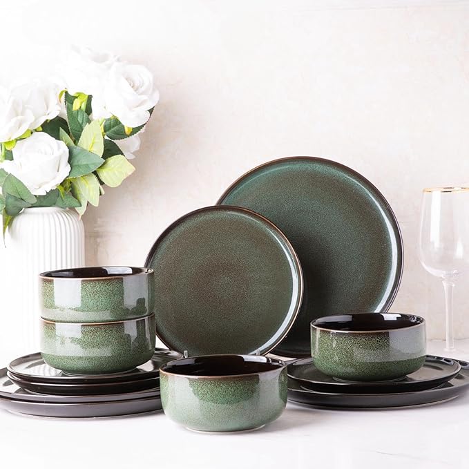 LeRatio Ceramic Dinnerware Sets,12-Piece Plates and Bowls,Handmade Reactive Glaze Dishes Set,Chip Resistant and Scratch Resistant | Oven Dishwasher & Microwave Safe,Service for 4-Green