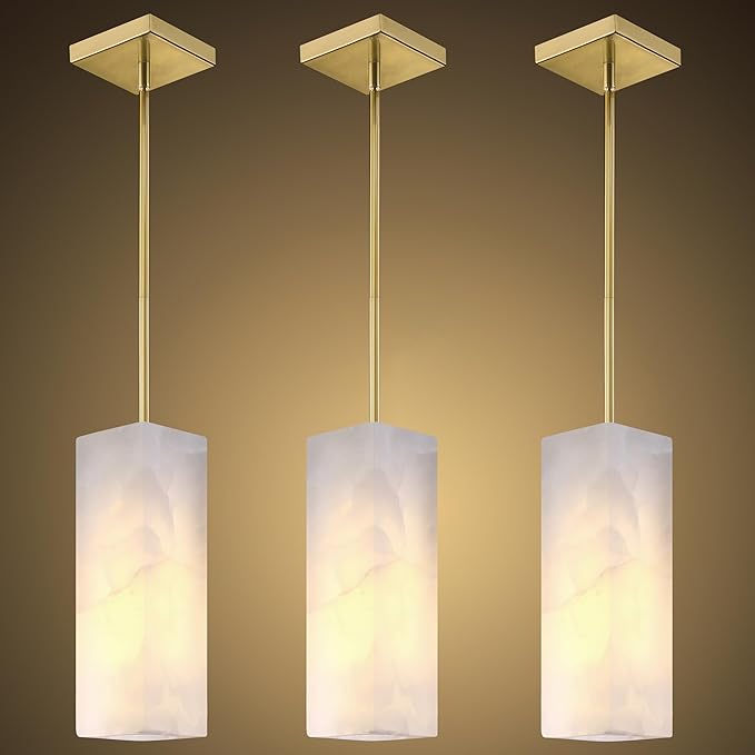 Natural Alabaster Square Marble Hanging Kitchen Island Modern Industrial Farmhouse Pendant Ceiling Light Fixture,3 Pack Gold Finish Over Sink Restaurant bar Corridor