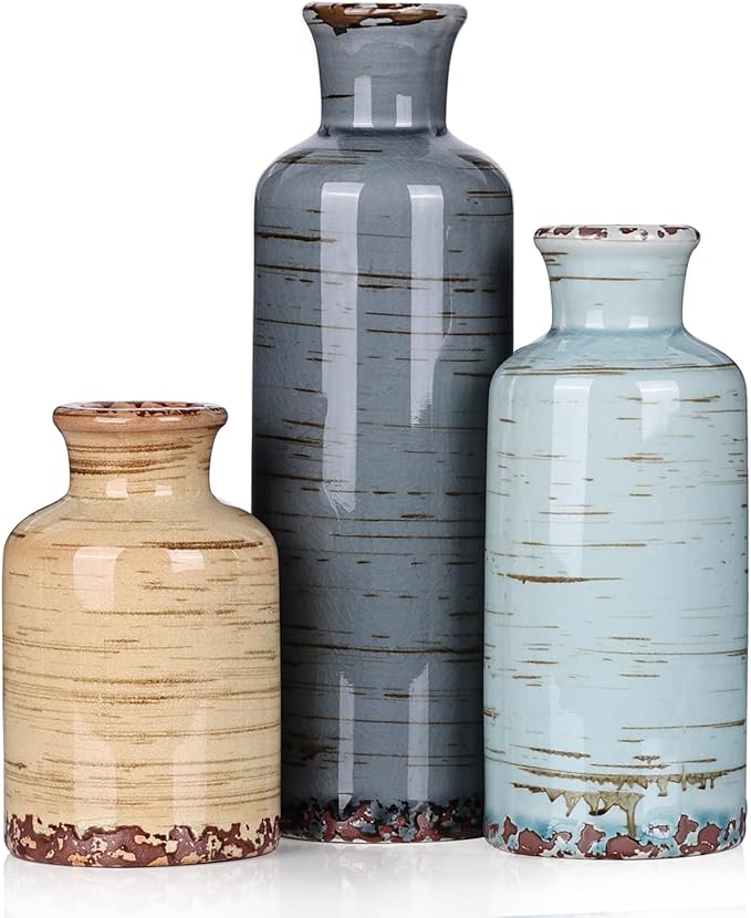 Ceramic Vase Set of 3 – Small Flower Vases, Modern Farmhouse Boho Flower Vases for Home Decor, Rustic Pottery Vases for Centerpieces, Living Room, Shelf, Fireplace, Entryway Decor, Table or Cabinet