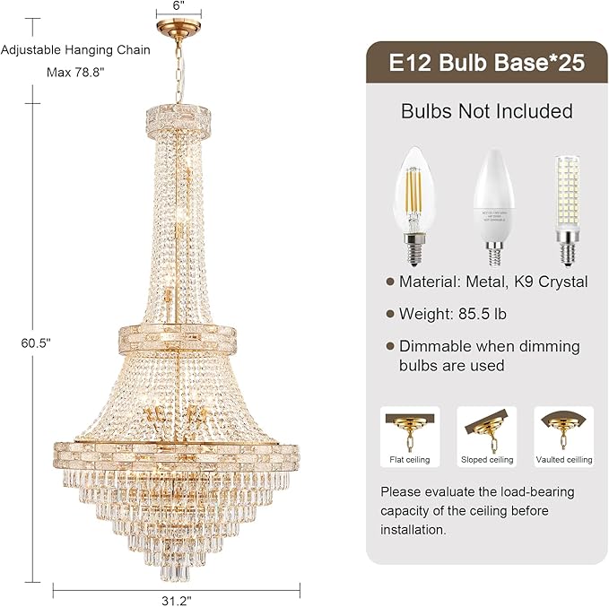 25 Lights Gold Crystal Chandeliers Large Modern Chandelier for High Ceilings Luxury Chandeliers Light Fixture Foyer Staircase Hallway Entryway Banquet Hall Lobby 60.5" H x 31" D