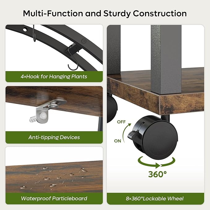 Bestier Plant Stand Indoor with Grow Lights, 6 Tiered Metal Plant Stand with Wheels for Plants Multiple, Half-Moon Shape Plant Rack Display Shelf, Large Plant Holder or Home, Patio, Balcony (2 Pcs, Brown)