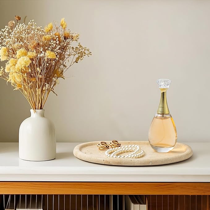 Natural Travertine Tray,Marble Ring Dish for Bathroom,Special-Shaped Jewelry Tray,Dressing Table, Bedside Table,Home Decor,Beige Large (NS030)