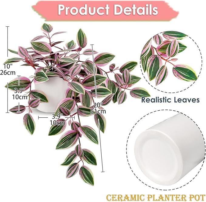 Fake Hanging Plants in Ceramic Pot, 20 Inch Artificial Pink Ivy Leaves Plant Faux Greenery Vine Plants for Home Bedroom Office Table Shef Desk Indoor Outdoor Decor Pink