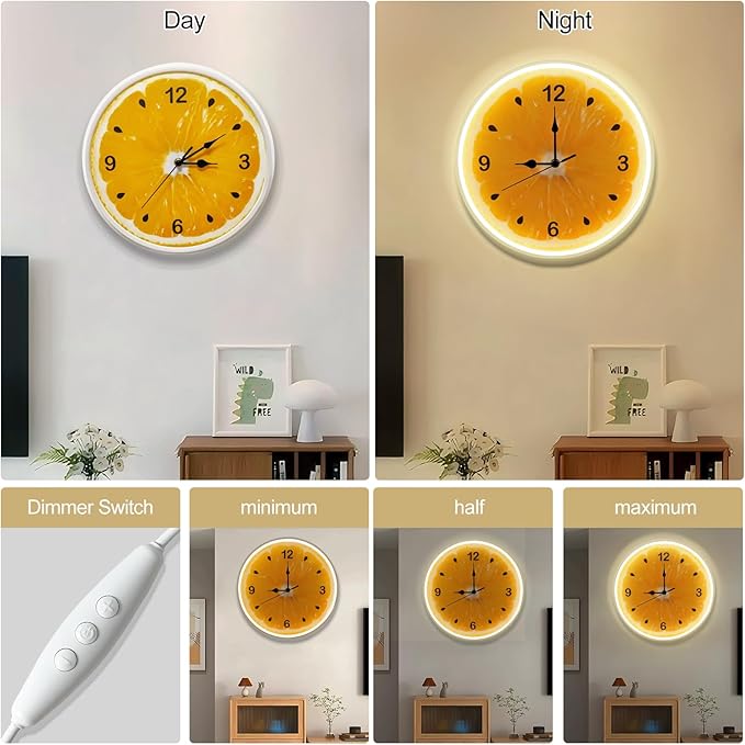 jXIN 12 Inch Orange - Shaped Fun Clock, 2-in-1 LED Silent Clock and Warm White Night Light, Creative Decorative for Cozy Atmosphere Children's Room