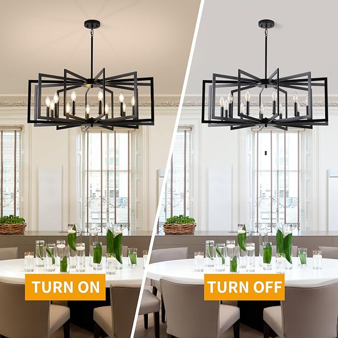 Black Chandelier for Dining Room, 12-Light Kitchen Chandelier Light Fixture Modern Metal Industrial Large Chandeliers for Farmhouse Entryway Living Room (E12 Bulbs Not Included)