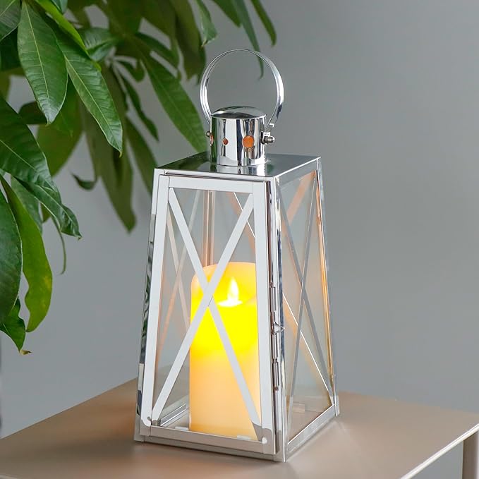 TRIROCKS Stainless Steel Decorative Lantern 12'' H Metal Candle Holder Hanging Candle Lantern with Tempered Glass for Christmas Home Decor Living Room Parties Events Indoor Outdoor(Silver Trapezoid)