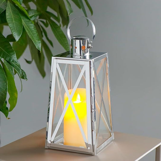 TRIROCKS Stainless Steel Decorative Lantern 12'' H Metal Candle Holder Hanging Candle Lantern with Tempered Glass for Christmas Home Decor Living Room Parties Events Indoor Outdoor(Silver Trapezoid)