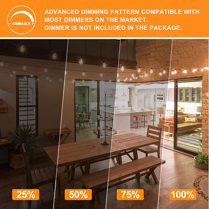 Achin Outdoor String Lights White 100Ft LED Patio Lights Outdoor Waterproof with 50+2 Shatterproof ST38 Bulbs 2200K Dimmable String Lights for Outside Backyard Party Wedding, White Cord