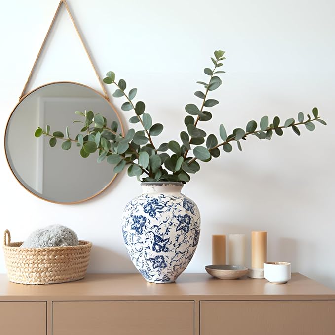 Vintage Blue and White Floral Ceramic Vase – Round Pottery Terracotta Jar for Home Decor, Rustic Farmhouse Boho Table Centerpiece, Fresh or Dried Flower Holder, 7.9 Inch Decorative Accent