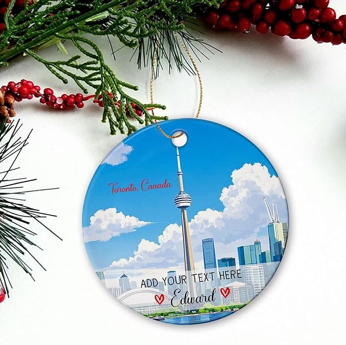 Customized Text/Name CN Tower Toronto Christmas Tree Ornament 2025, Personalized Toronto Ontario Canada Xmas Ceramic Ornament, Toronto City Skyline Travel Souvenir Keepsake Gifts for Family Friends