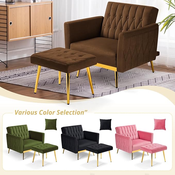 Velvet Accent Chair with Adjustable Armrests and Backrest, Button Tufted Lounge Chair, Single Recliner Armchair with Ottoman and Pillow for Living Room, Bedroom, Brown