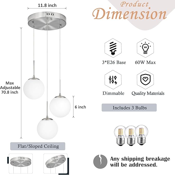 KoKo&Yukina Globe Pendant Light 3 Light Nickel Globe Pendant Lights Kitchen Island Mid Century Light Fixture with Milky White Glass Shade for Dining Room Living Room
