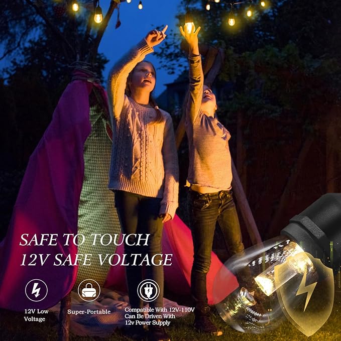 GANA 12V Low Voltage & Safe LED Outdoor String Lights,32FT 10 Shatterproof Bulbs, 2200K Warm White Pergola Lights for Your House's Pergola, Garden, Fence, Porch, and Balcony (32FT-96CRI)