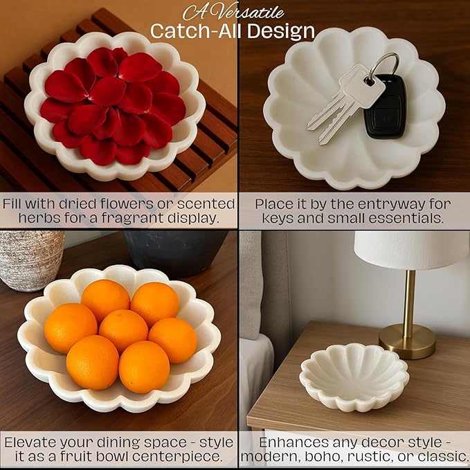 SWADESHI BLESSINGS HandCrafted Marble Decorative Bowl | White Ruffle Scalloped Fluted Key/Fruit Ring Dish | Organic Modern Home Decor (8 Inches)