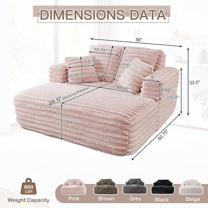 56"W Oversized Chaise Lounge Chair Indoor,Plush Faux Fur Sleeper Sofa Couch Bed with Pillows&Wide Armrest,Fluffy Comfy Cloud Sofa,Compression Foam Boneless Couch for Living Room,Bedroom(Pink)