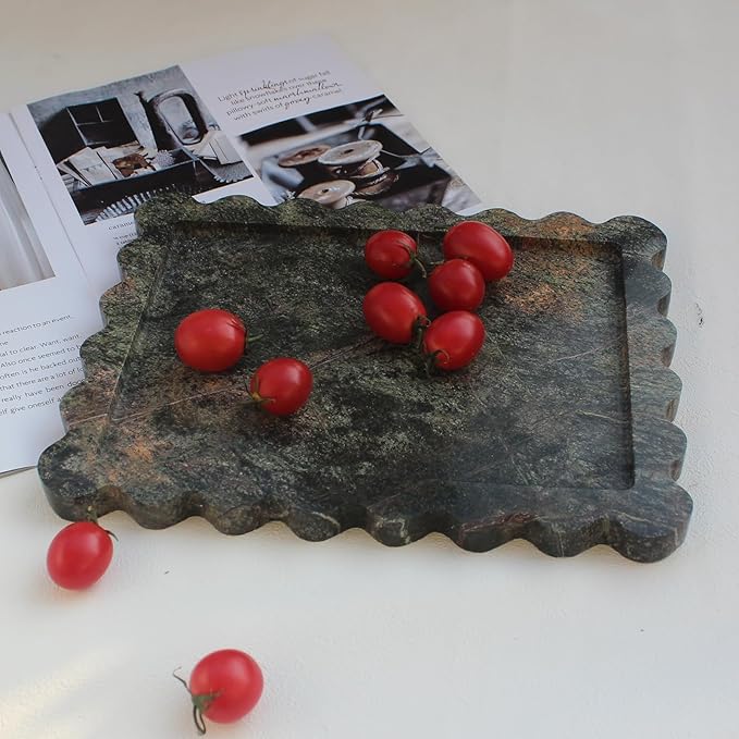 Natural Luxury Scalloped Marble Tray 10.8"x8", Rectangle Vanity Tray for Bathroom Kitchen Counter, Decorative Tray for Dresser Home Decor - Rainforest Green