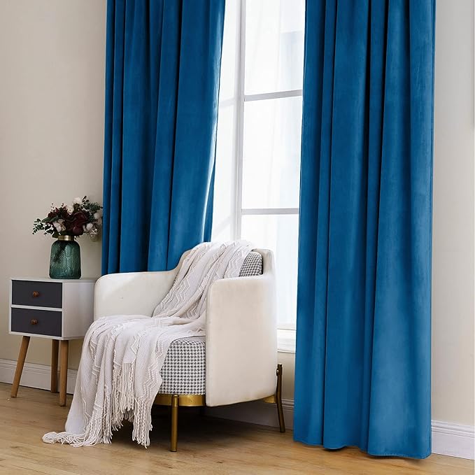 MIULEE Blue Velvet Curtains 84 inches 2 Panels - Luxury Room Darkening Curtains for Bedroom Living Room Thermal Insulated Super Soft Window Drapes Rod Pocket & Back Tab, Peacock Blue