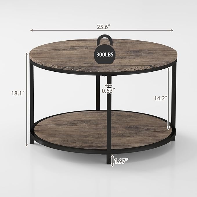 NSdirect Round Coffee Table, 25.6" Small Coffee Table for Living Room,2-Tier Rustic Wood Desktop with Storage Shelf Modern Design Home Furniture(Light Walnut)