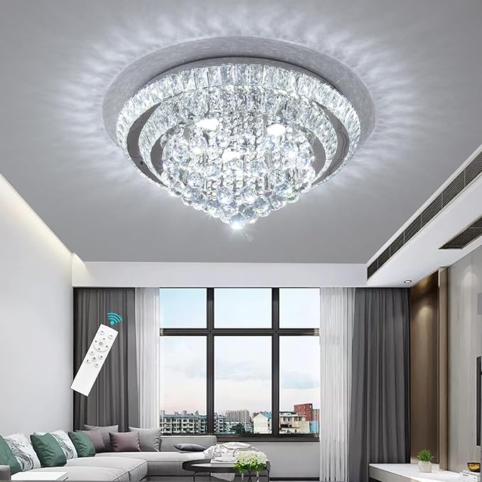Modern Glam Crystal Chandelier Dining Room Bedroom Ceiling Lights Chandelier with Dimmable Bulbs Ceiling Lighting Fixture 23.6 Inches Silver Light