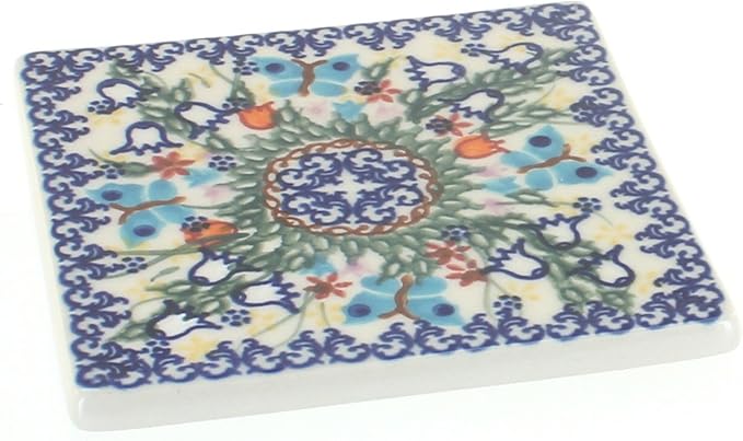 Blue Rose Polish Pottery - Blue Garden of Eden Tile - 4.5" Square - Ceramic Decorative Tile for Kitchen Backsplash, Trivet or Wall Art