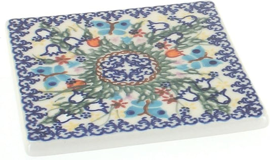 Blue Rose Polish Pottery - Blue Garden of Eden Tile - 4.5" Square - Ceramic Decorative Tile for Kitchen Backsplash, Trivet or Wall Art