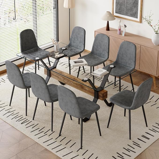 9 Piece Glass Dining Table Set, Kitchen Table Chairs Set for 8, 71'' Dining Table with 0.4" Tempered Glass Tabletop with Plated Metal Legs and MDF Crossbar, 8 Chairs for Dining Room, Kitchen.