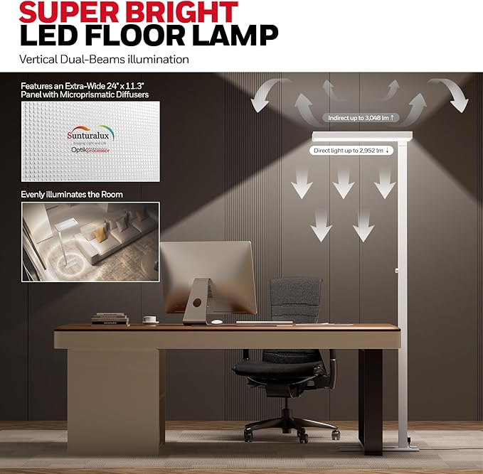 Honeywell 6000LM LED Floor Lamp, 02E Sunturalux Eye-Caring Reading Standing Light, 60W Modern Natural Daylight 4000K Dimmable 77" Tall Floor Lamps for Living Room for Kids Study Home Office White