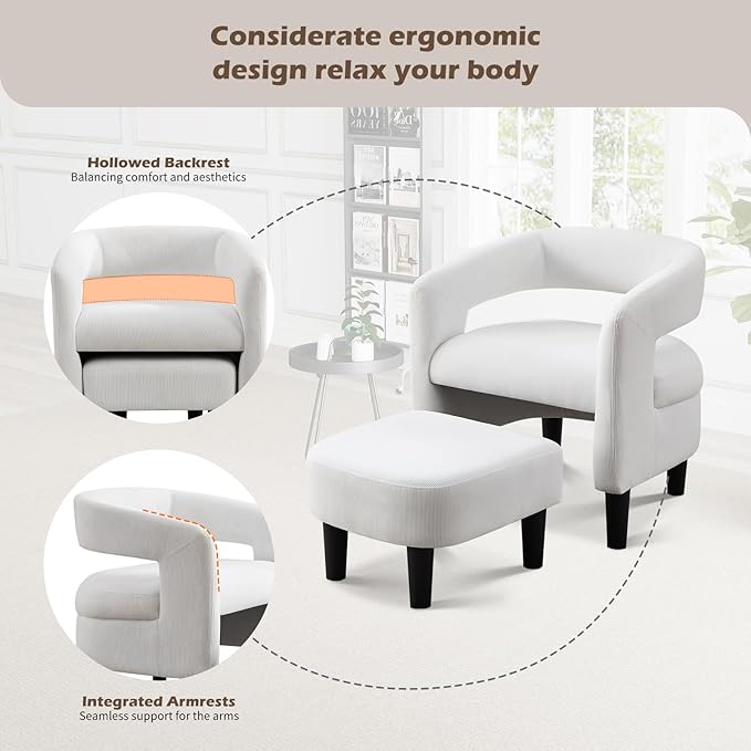 INZOY Modern Accent Chair with Ottoman for Small Space, Club Chair with Ottoman Set, Comfy Fabric Barrel Reading Chairs for Living Room Bedroom, Round Reading Chair with Foot Rest, White
