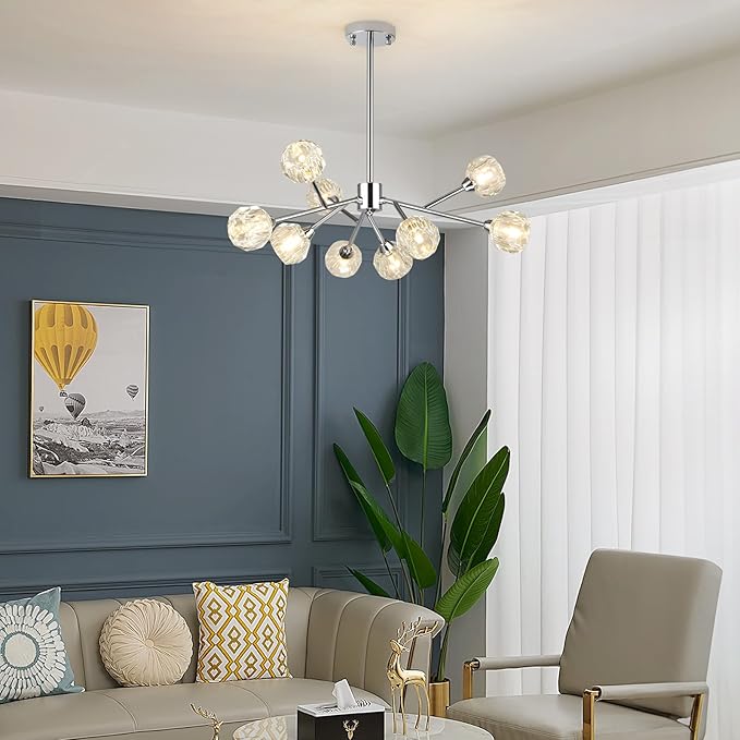 Sputnik Chandeliers for Dining Room Light Fixture Over Table, Modern Crystal Chandeliers, 9 Lights Chrome Lighting Fixtures for Living Room Bedroom Kitchen Island Bar