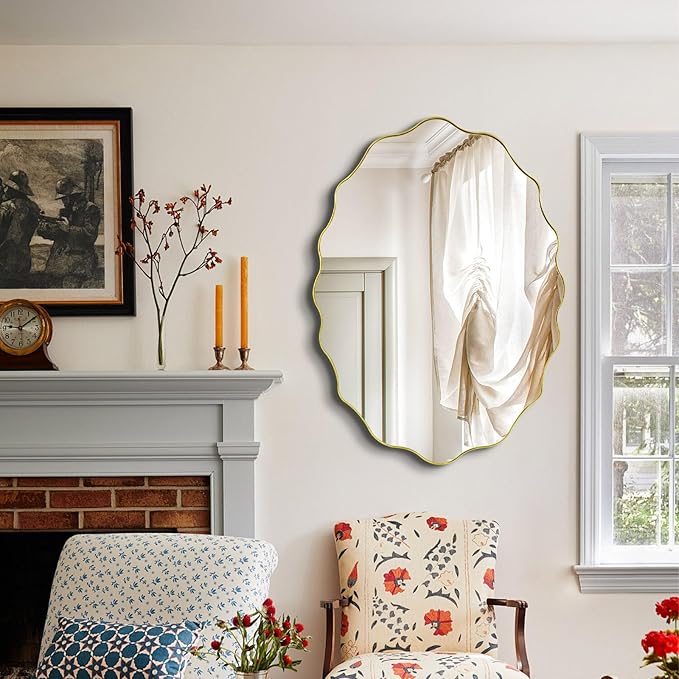 Scalloped Mirror, 35.5"x26" Bathroom Vanity Mirror, Irregular Shaped Mirrors Decorative, Modern Wavy Round Mirrors for Living Room Bedroom Hallway Entryway Fireplace