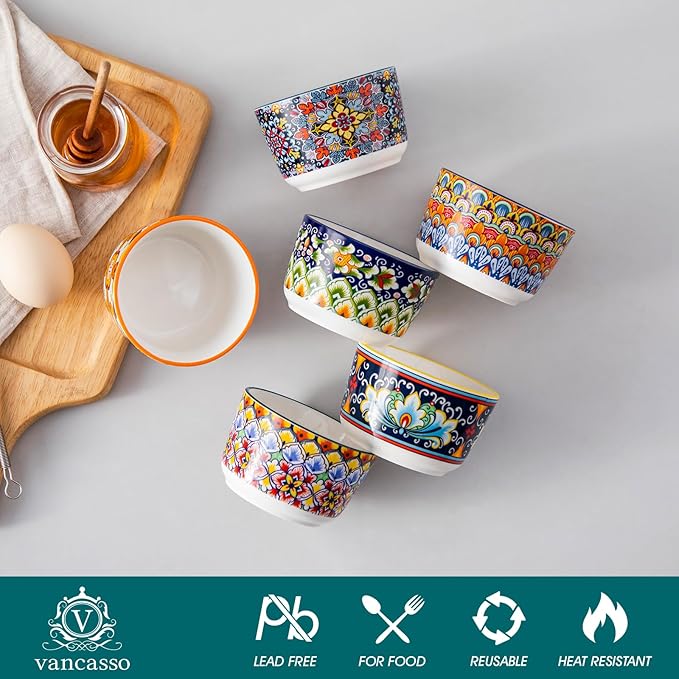 vancasso 6 Oz Ramekins Oven Safe Set of 6, Bohemian Creme Brulee Ramekins, Colorful Souffle Dishes, Pudding Custard Cups for Baking, Small Ceramic Bowls for Dipping Sauce, Ice Cream